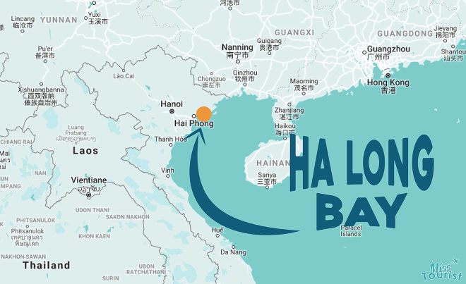 A map of Vietnam with a orange circle showwing Halong Bay, which is located in the northeast of the country, near the border with China.