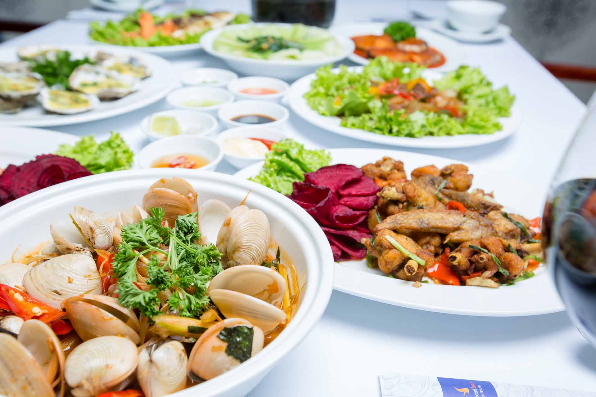 A plate of seafood served in a restaurant in Ha Long Bay