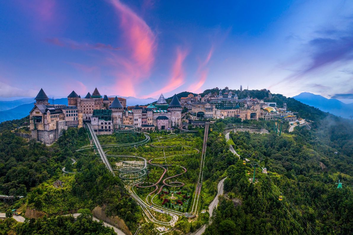 A view of the Sun World Ba Na Hills amusement park with colorful buildings and attractions