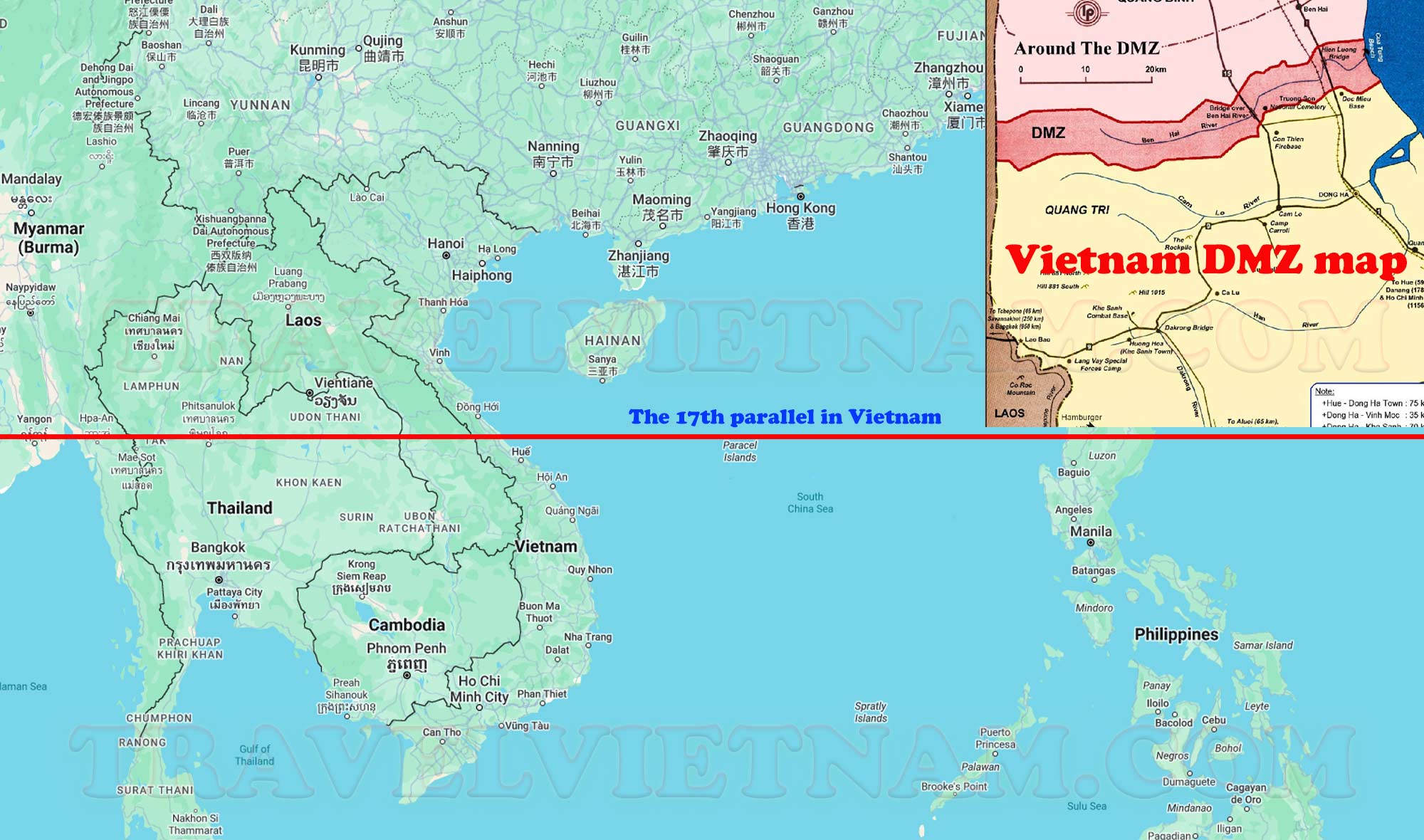 A map of the Vietnamese Demilitarized Zone (DMZ). This zone separated North and South Vietnam during the Vietnam War and served as a tense border region.