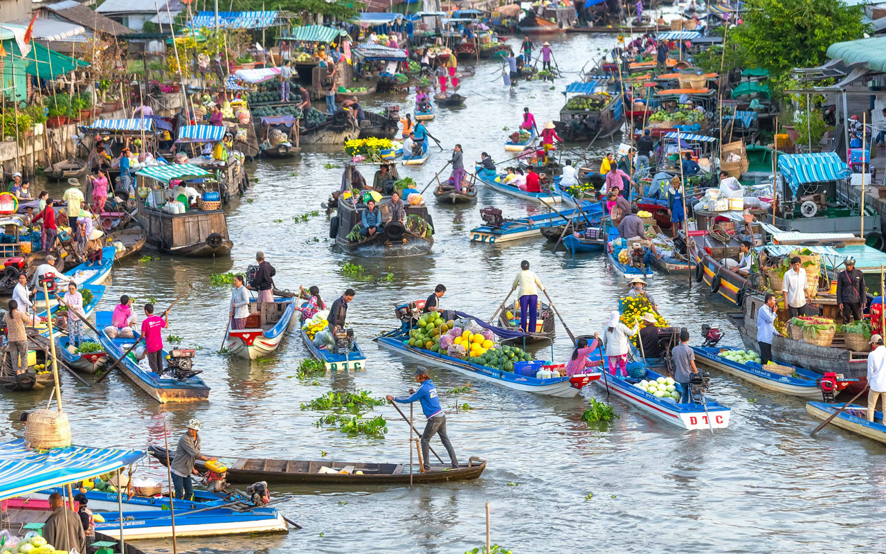 The Mekong Delta is a vast river delta located in southern Vietnam. It is known for its lush green rice paddies, floating markets, and traditional villages.
