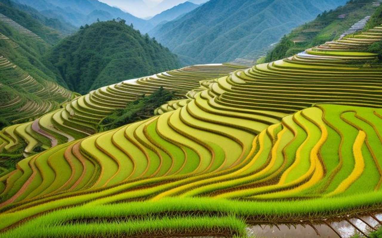 The rice terraces in Sapa, Vietnam, are a stunning sight in any season.